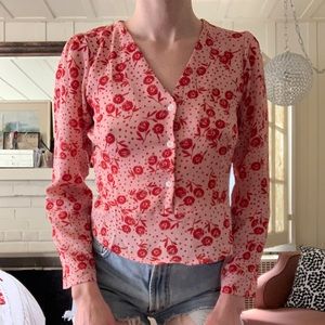 Pink Blouse with Red Flowers